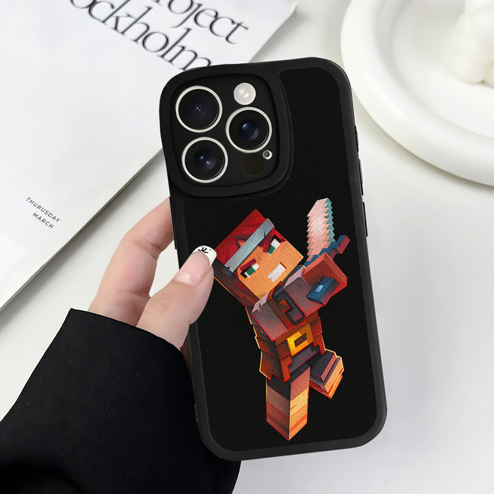 （画像用） マインクラフト ブロックの世界 Minecraft MC Block world 【iPhone 16シリーズ対応】シリコンスマホケース（レザー調） 材質：シリコン